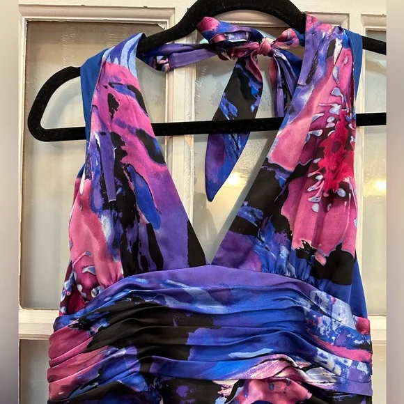 Adrianna Papell Occasions Watercolor Floral Silk Halter Fit Flare Dress Size 12 - Picture 2 of 12